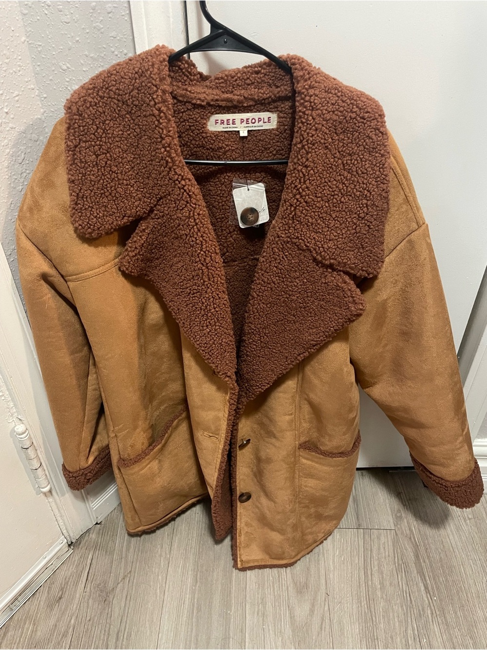 Free People Tan Shearling-Trim Coat